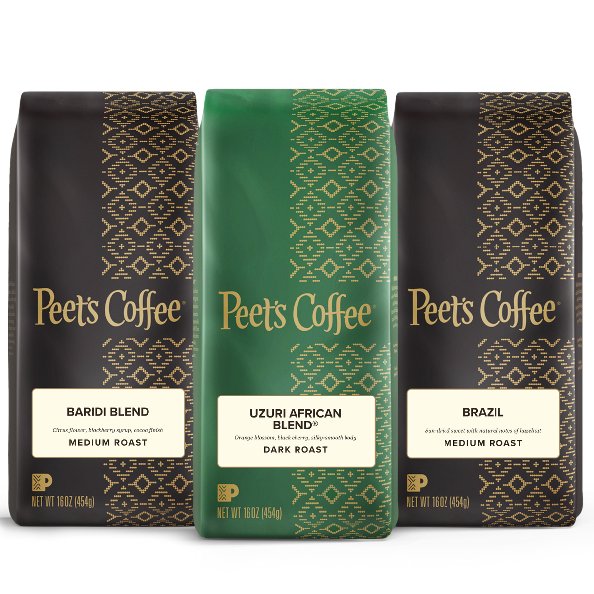 Three Peet's Coffee bags with different blends on a white background