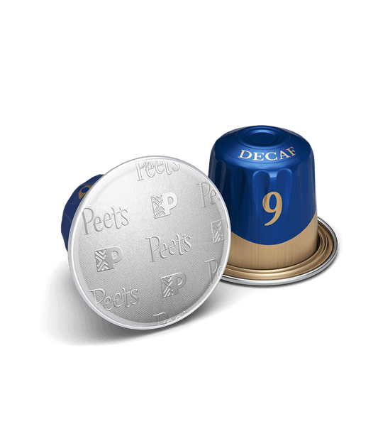 Peet's Coffee Decaffeinato Ristretto Nespresso Capsules shown up close with detail
