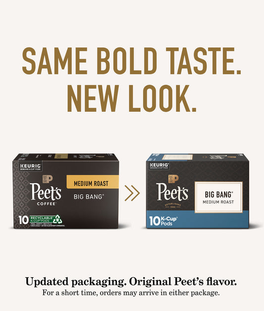Two boxes of Peet's Big Bang coffee K-Cups with text about packaging change.