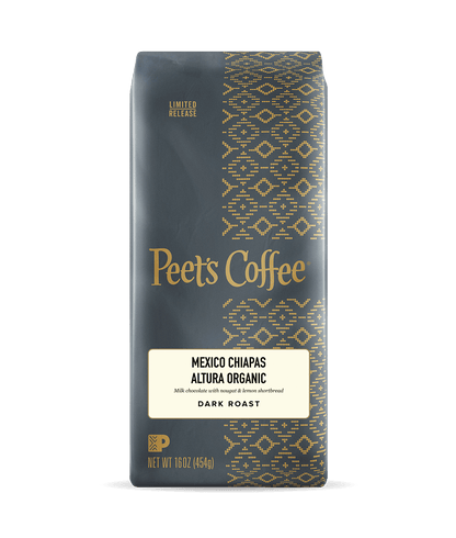 Peet's Coffee Mexico Chiapas Altura Organic package with gold text and pattern on a dark background