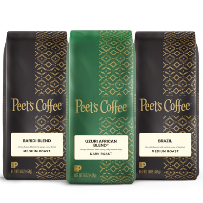 Three Peet's Coffee bags with different blends on a white background