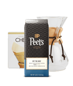Peet's Coffee Pour Over Starter Kit. Chemex bonded filters, Off the Grid 16 oz coffee beans and an 8-cup chemex pour over brewer.