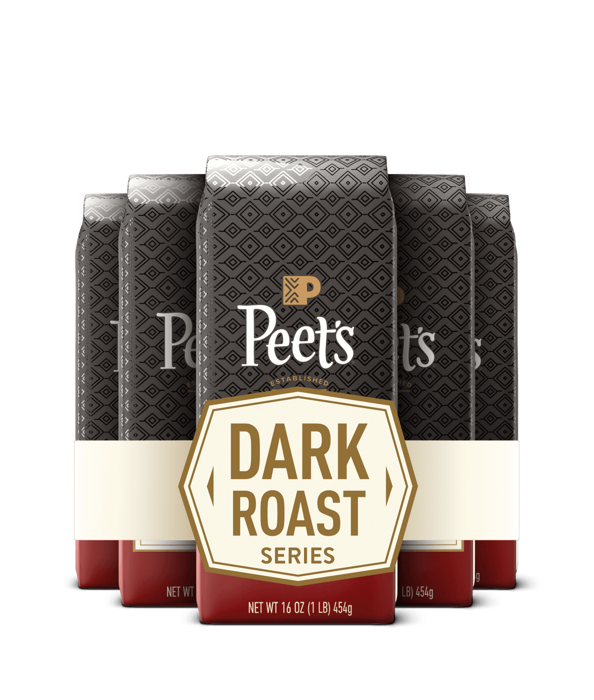 Peet's Dark Roast Coffee subscription with red coffee bags on a black background