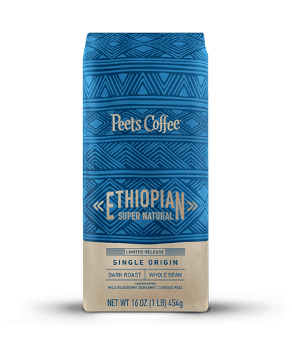 Peet's Coffee Ethiopian Super Natural Dark Roast Coffee beans in a blue and tan 16 ounce bag