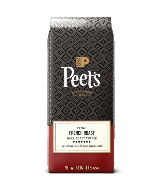 Peet's French Roast Coffee bag with a geometric pattern on a green background