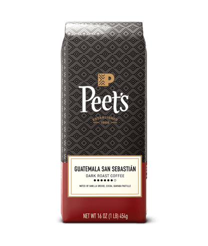 Peet's coffee bag with Guatemala San Sebastian flavor on a green background