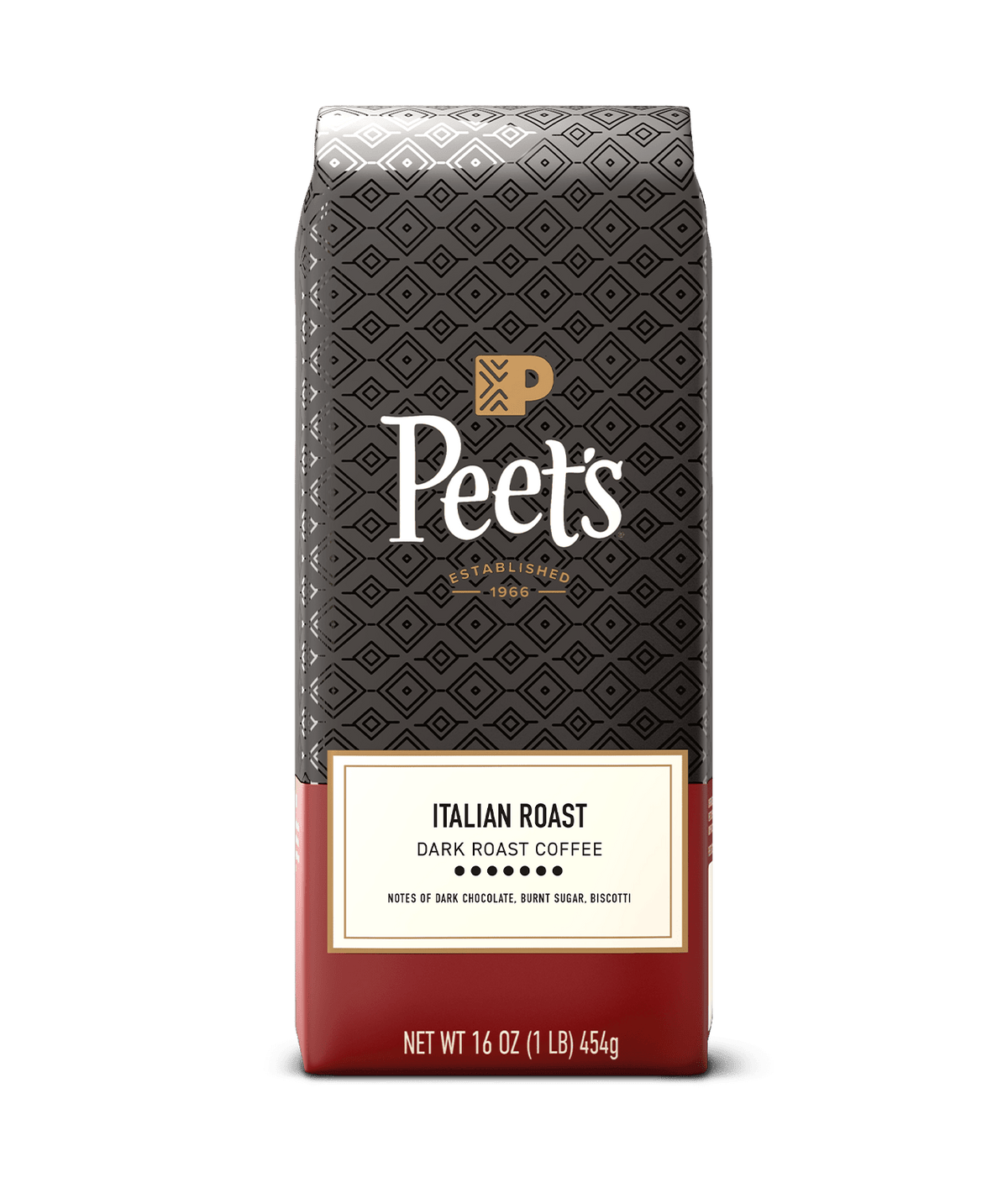Peet's Italian Roast coffee bag on a green background