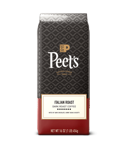 Peet's Italian Roast coffee bag on a green background