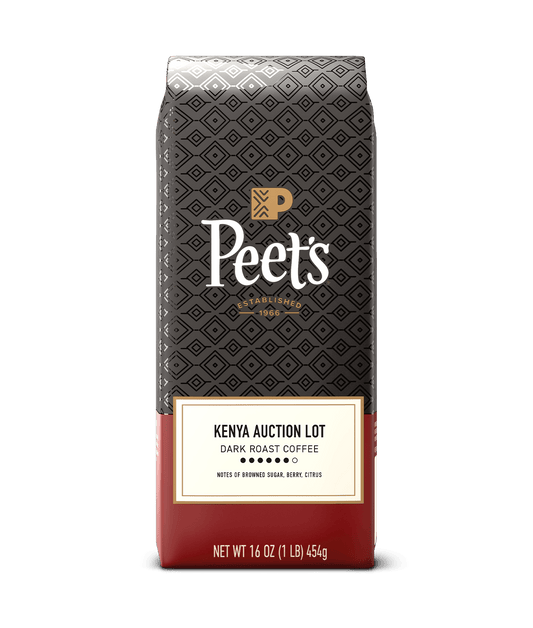 Peet's Coffee Kenya Auction Lot coffee bag on a green background