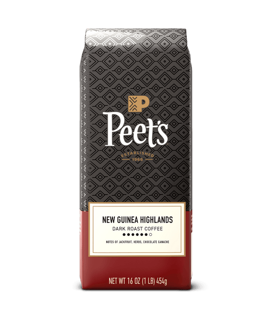 Peet's coffee New Guinea Highlands bag with a black and red design on a green background