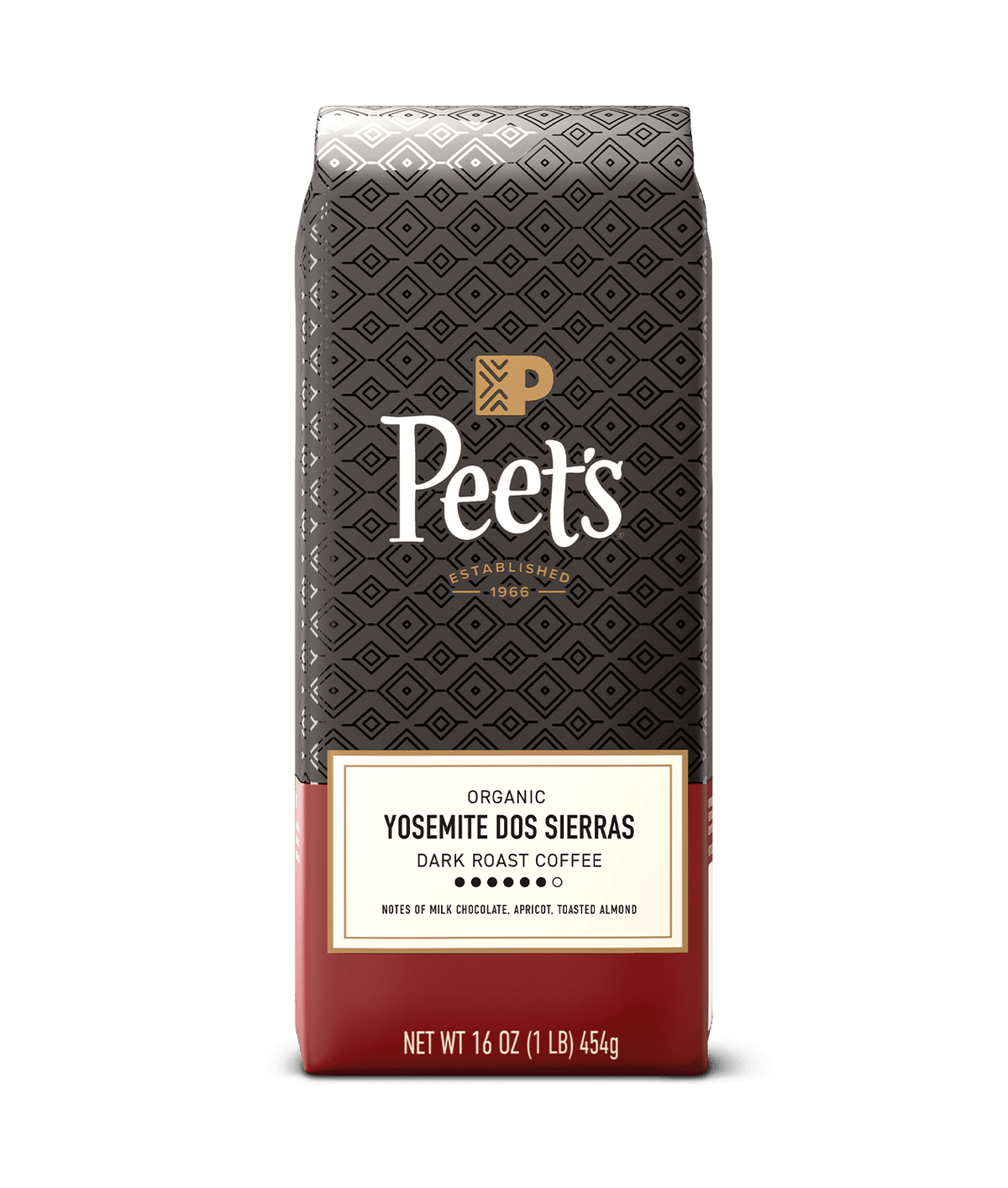 Peet's coffee Yosemite dos sierras bag with a black and red design on a green background