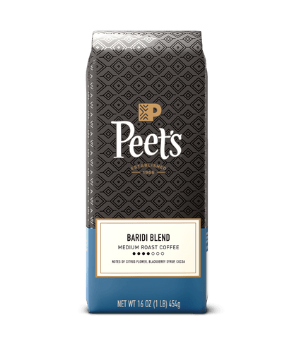 Peet's coffee Baridi blend bag with black and blue design on a transparent background