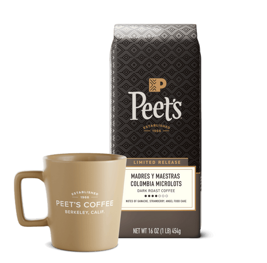 Peet's Coffee bag and beige mug on a transparent background