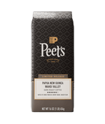 Peet's coffee bag with detailed branding and product information on a white background