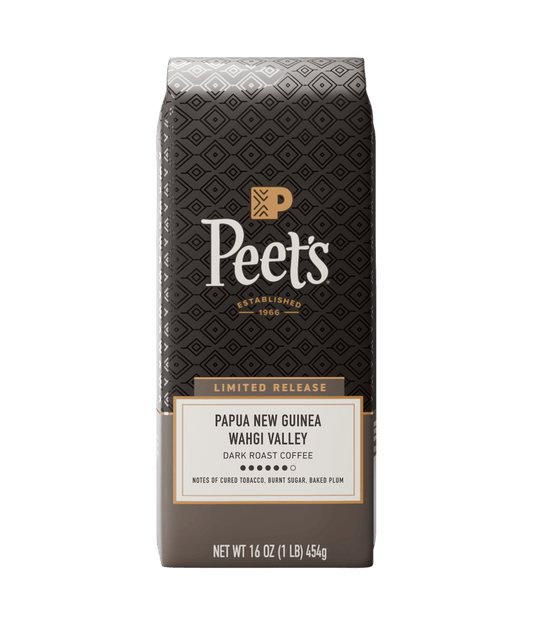 Peet's coffee bag with detailed branding and product information on a white background