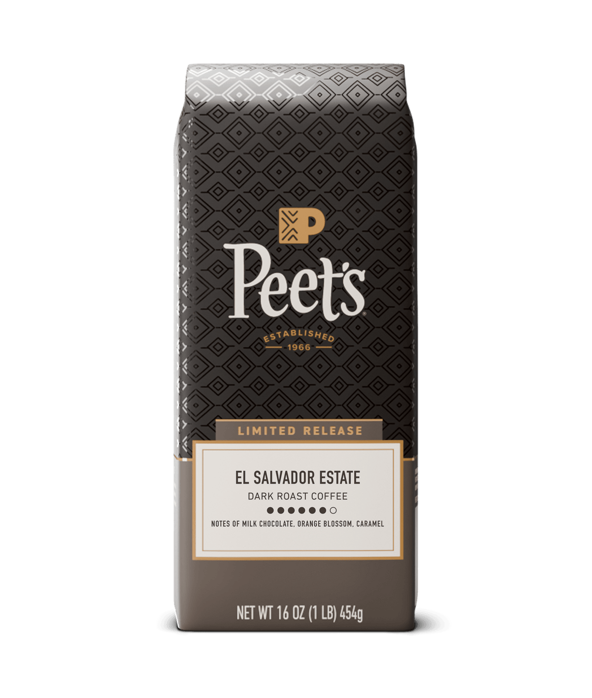 Peet's coffee bag with 'El Salvador Estate' label on a white background