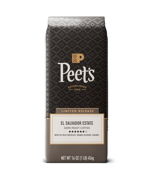 Peet's coffee bag with 'El Salvador Estate' label on a white background