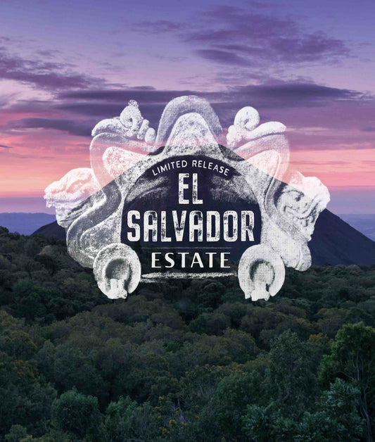 El Salvador Estate logo with a scenic background of mountains and trees.