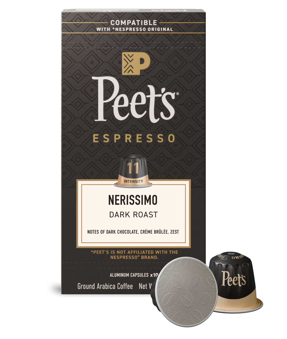 Peet's Espresso Nerissimo dark roast coffee packaging with a coffee capsule on a white background