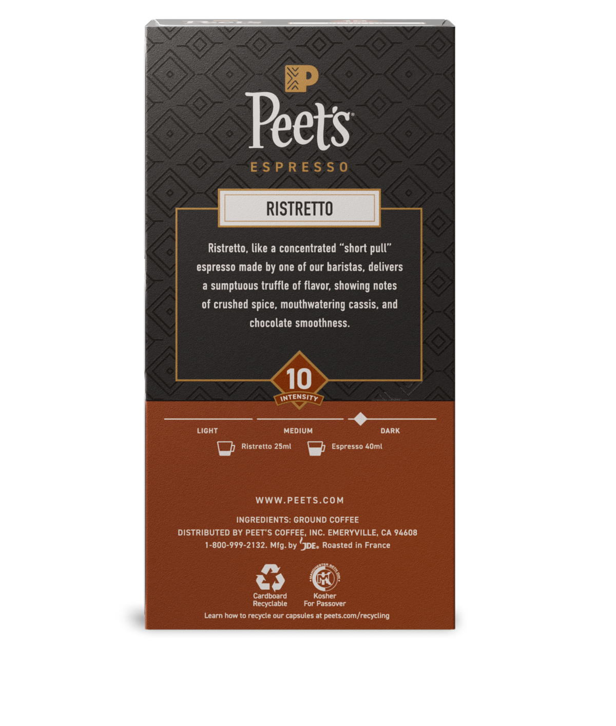 Peet's Espresso Ristretto coffee package on a white background