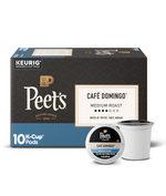 Box of Peet's Cafe Domingo K-Cup pods with two pods on a white background