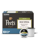 Peet's Decaf Especial K-Cup pods packaging with a single pod on a white background