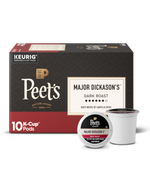 Peet's Coffee French Roast K-Cup pods packaging with a single pod displayed.