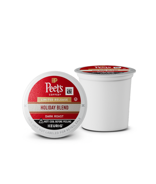 Two Peet's Coffee Holiday Blend K-Cups on a white background