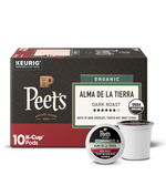 Box of Peet's Organic Alma de la Tierra K-Cup pods with a single pod on a white background.