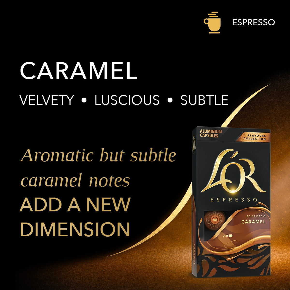 LOR Espresso Caramel capsule packaging with descriptive text on a dark background