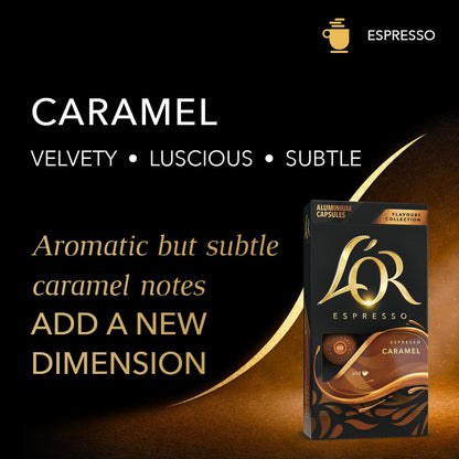 LOR Espresso Caramel capsule packaging with descriptive text on a dark background