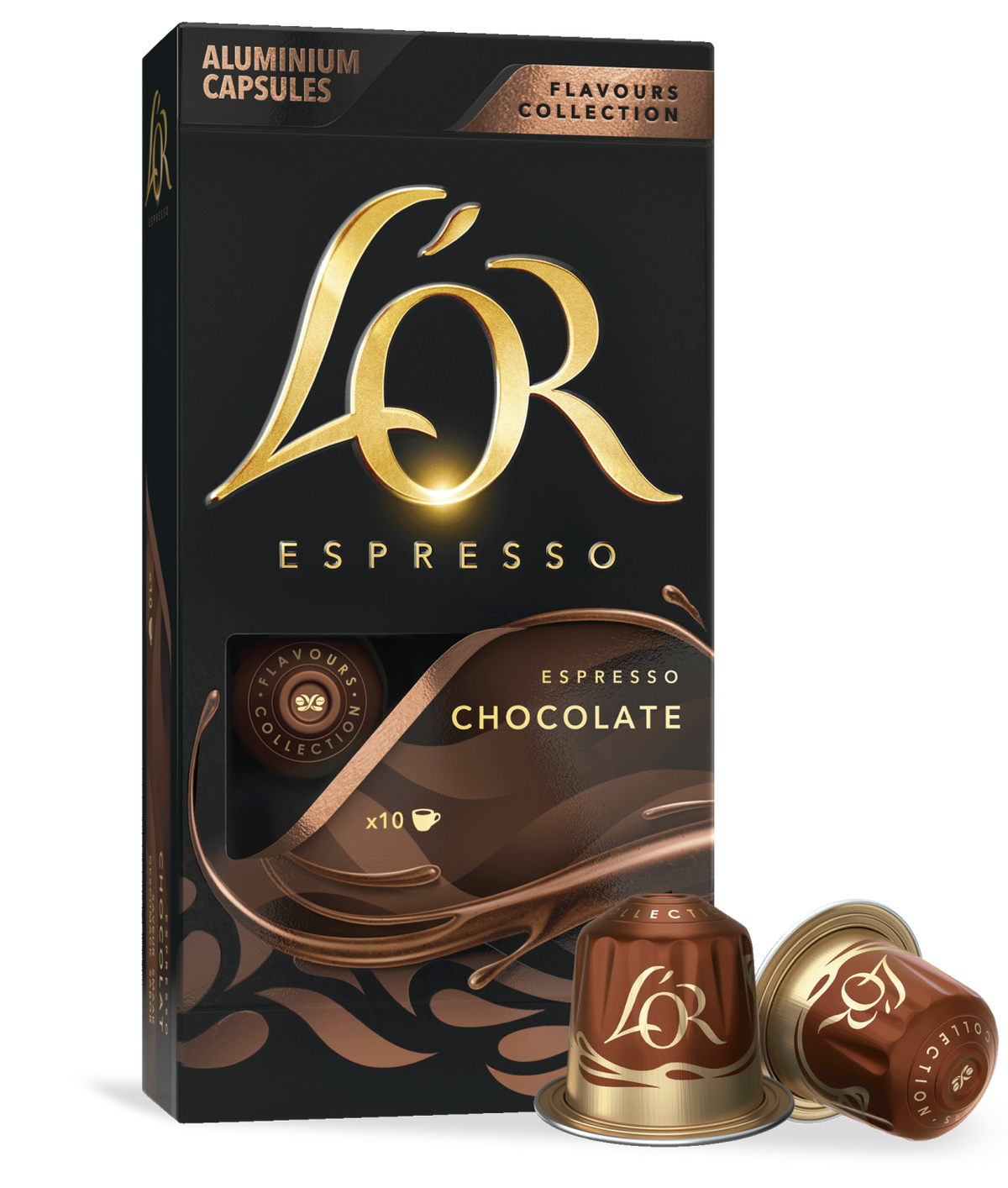 LöR Espresso chocolate capsules packaging with two capsules on a white background