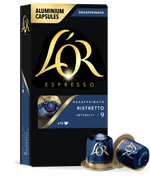 Lor Espresso decaffeinated capsules packaging with capsules on a white background