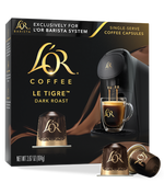 Lér Coffee Le Tigre Dark Roast packaging with coffee machine and cup on a white background