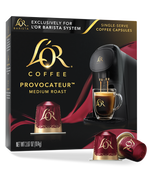Lor Coffee Provocateur packaging with coffee capsule and machine illustration.