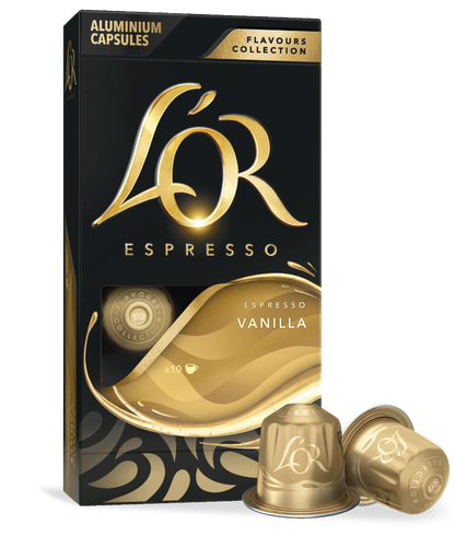 LoR Espresso Vanilla coffee capsule packaging with two capsules on a white background