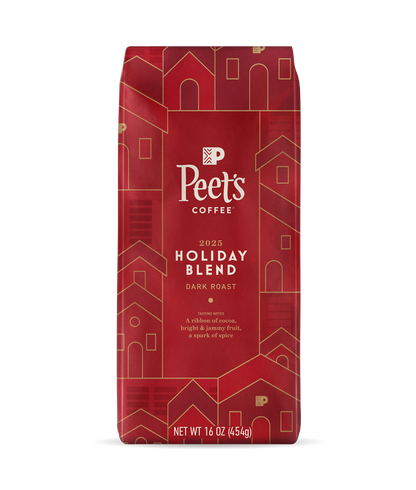Peet's Coffee Holiday Blend 2025 Coffee Beans in a festive, red 16oz bag