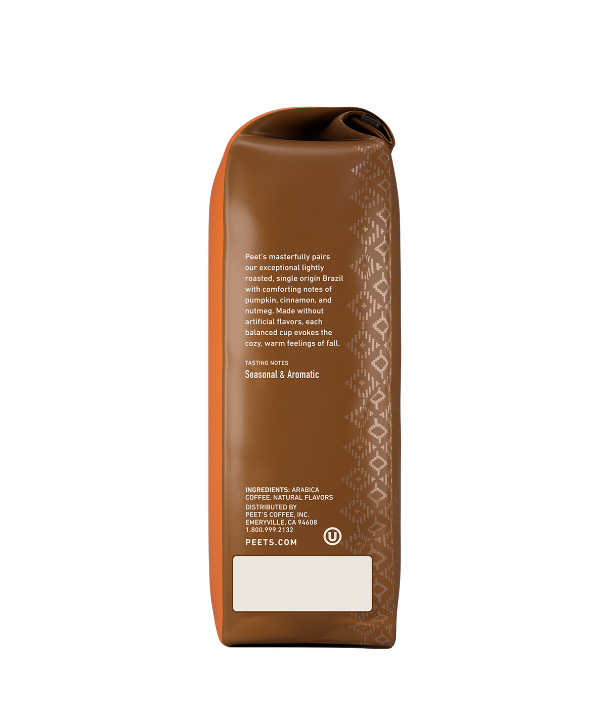 Pumpkin Spice Ground Drip Flavored Coffee - side of bag with coffee story